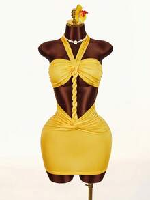 Amplova Damklänning med halterneck och vridning för stranden, ihålig och rygglös - Ljusgul - Visa 4