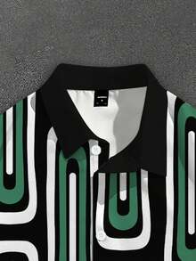 Manfinity EMRG Men's Summer Retro Street Style Shirt, Olive Green Black White Geometric Oval Print, High Street Abstract Geometric Print, Geometric Oval Line Full Print, Men's Casual Japanese Style Shirt, Short Shirt - Multicolor - View 4