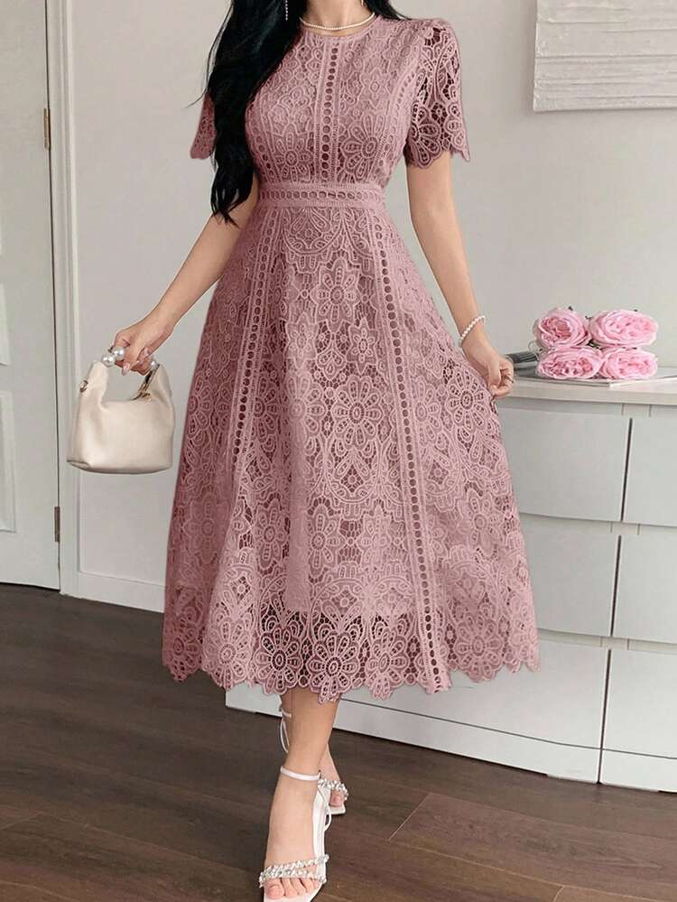 DAZY Elegant Lace Trim Short Sleeve Dress, Youthful And Refined