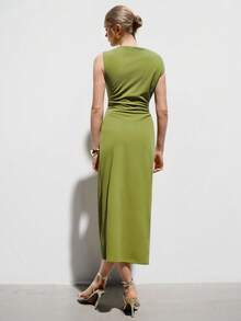 Aveloria Modichic 欧美舒适修身优雅扭结褶皱腰身金属扣装饰无袖连衣裙 - 綠色 - 查看 3