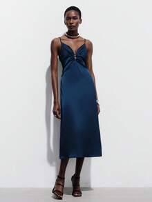 Aveloria Modichic Elegant French Style Luxury Satin Slip Dress With Deep V-Neck And Open Back, A-Line Silhouette - Navy Blue - View 6