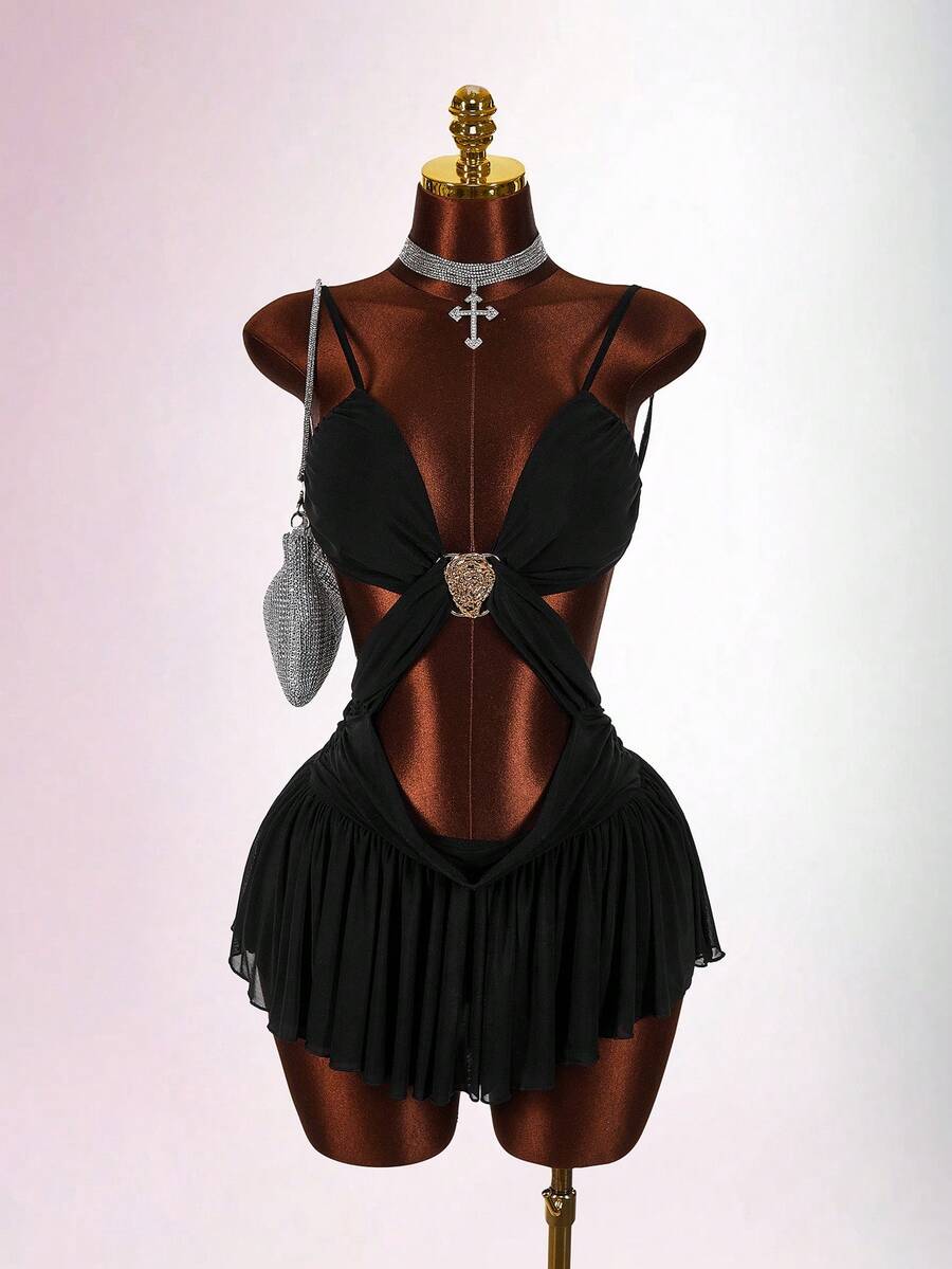 Amplova Vestido mini de estilo bohemio con escote bajo y cintura hueca para vacaciones de mujer - Negro - Ver 1