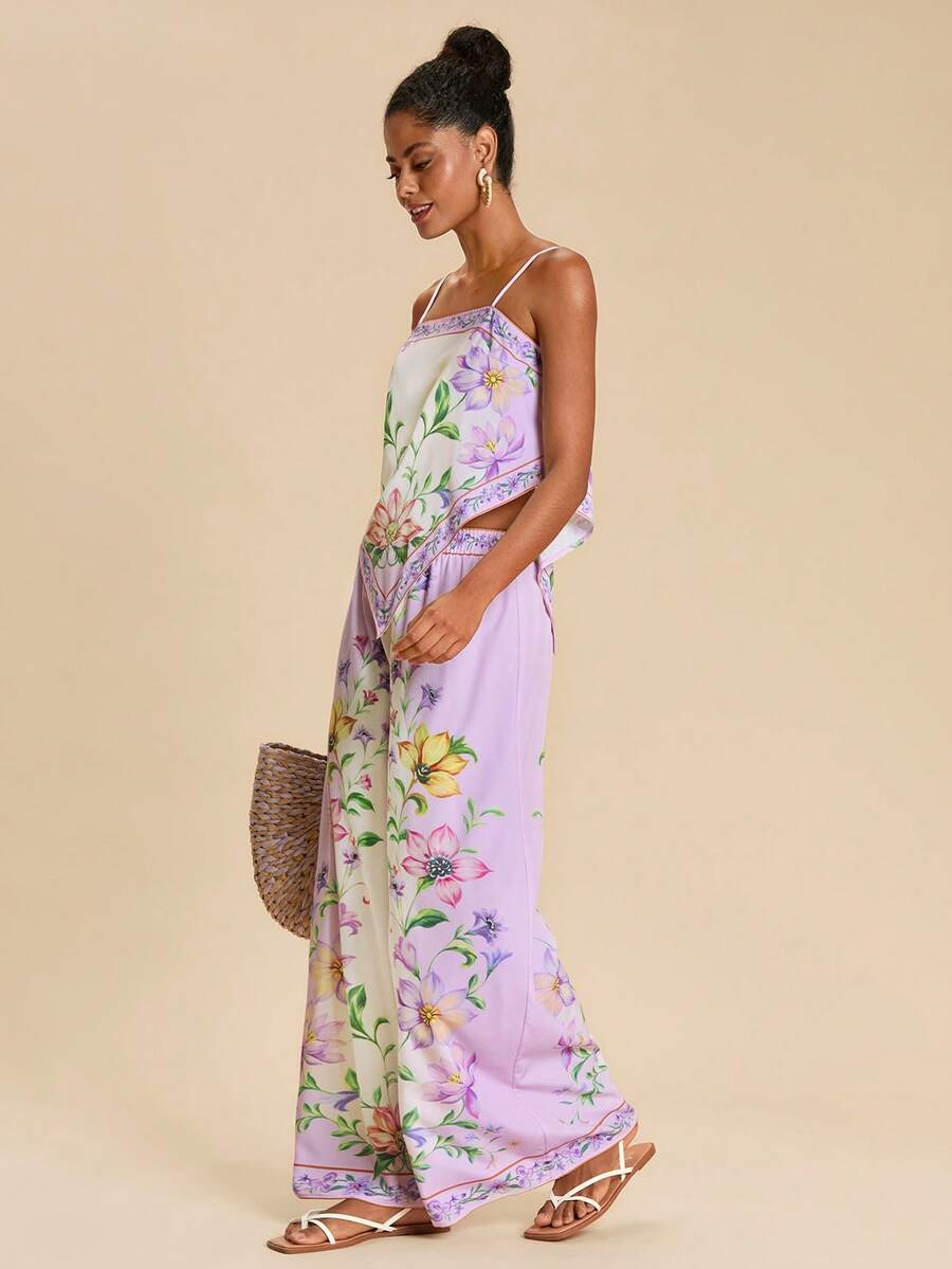 SHEIN TRVLCHIC Vacation Print Tank Top & Pants 2 Pieces Set,Bohemia,Werstern,Suitable For Summer Vacation,Beach Outfits For Women - Purple - View 1