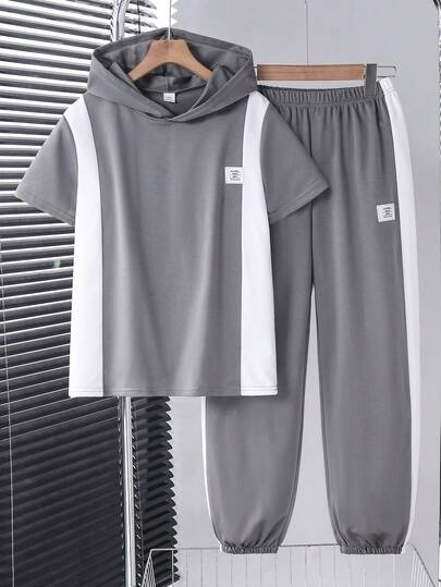 2pcs Boys' Oversized Outfit, Loose Hooded Short Sleeve T-Shirt, White Splice Top, Gray Knit T-Shirt, Casual Loose Drawstring Pants, School Uniform, Suitable For Daily And Back-To-School Wear, Summer New Arrival