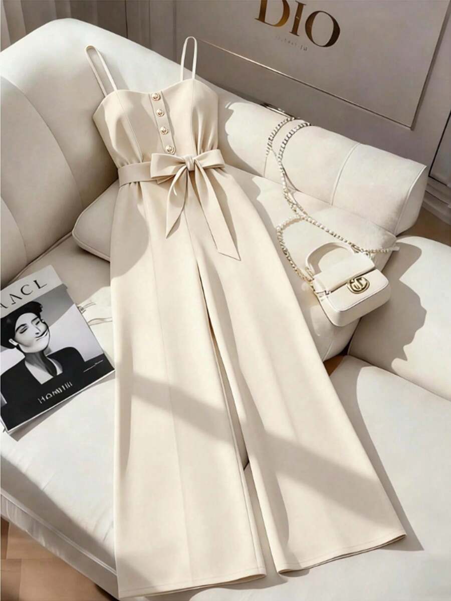 GlowEve 女士时尚夏季无袖束腰连体裤，休闲阔腿裤连身裤，简约垂坠裤连体裤，适合日常穿着和度假 - 杏色 - 查看 1