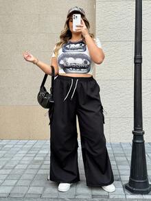 SHEIN CURVE+ Women's Summer Streetwear Sport Basic Flap Pocket Side Drawstring Waist Parachute Grey Cargo Pants - Black and White - View 8