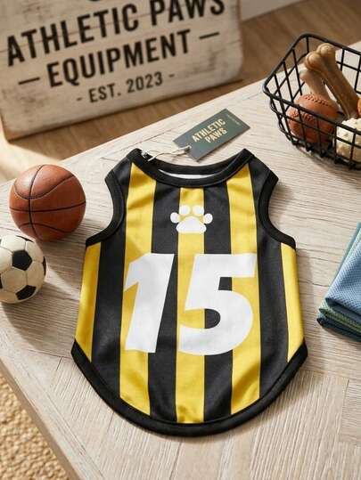 PETSIN 1件宠物猫狗通用15号衬衫，黄黑条纹印花，时尚休闲舒适，狗狗衬衫背心