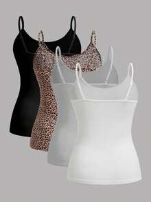 SHEIN EZwear 4件/套加大码女士休闲吊带背心，适合夏季穿着，女士背心上衣，塑身衣，紧身衣，多件装，女士贴身上衣 - 彩色 - 查看 2