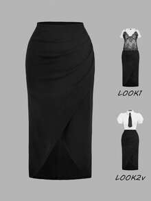 SHEIN MOD Plus Size Women Pleated Solid Color Split Hem Elegant Skirt - Black - View 8