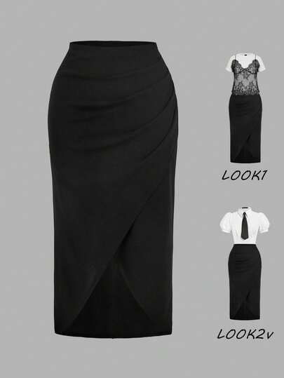 SHEIN MOD Plus Size Women Pleated Solid Color Split Hem Elegant A-Line Skirt