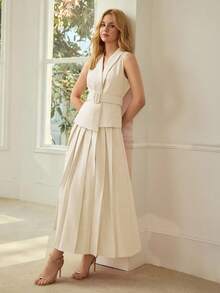 MOTF PREMIUM 女士无袖上衣和百褶裙套装，通勤装 - 米色 - 查看 4