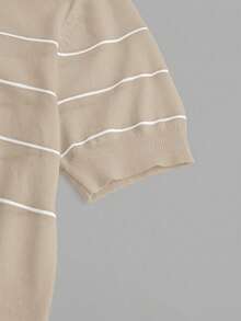 BizChic Women's Polo Collar Knit Top,Beige,Summer,Elegant And Classy,Everyday,Back-To-School,Business Casual Office Outfits,Versatile Retro Striped Blouses - Khaki - View 12
