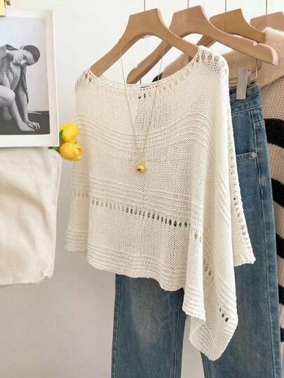 Swim Chiccia New Summer Tops Beach Outfits For Women, Women's Vacation Outfits, Holiday Outfits For Women, Women's White Openwork Knit Poncho Top - Boat Neck Asymmetrical Hem, Horizontal Stripe & Eyelet Detail, Coastal Boho Charm & Relaxed Layering Style