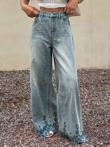 DAZY 女士时尚宽松口袋牛仔裤 - 藍色 - 查看 3