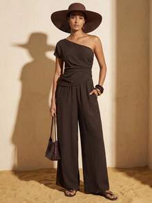 Zivah Bộ jumpsuit màu nâu cà phê, hàng mới về mùa Xuân/Hè 2026, thích hợp cho mùa cưới, lễ hội âm nhạc, lễ Phục Sinh, phong cách miền Tây, Boho, tiệc tùng lấy cảm hứng từ Nashville, đám cưới, buổi tối, hẹn hò, tụ họp, sinh nhật, sinh viên, đi làm, công sở thường ngày. Không tay, hở lưng gợi cảm, nhún eo, có túi thật, ống rộng thoải mái, chất liệu vải có họa tiết. - Cà phê nâu - Xem 3