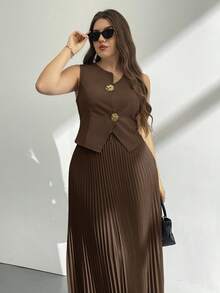 Firerie Plus Size Summer Elegant Commuter Solid Color Vest & Pleated Skirt 2 Pieces Set - Brown - View 3