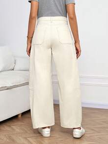 SHEIN 孕妇休闲百搭日常穿搭阔腿牛仔裤 - 卡其色 - 查看 2