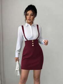 SHEIN Elenzya 吊带腰身修身半身裙，饰有纽扣，优雅浪漫精致的女士铅笔裙，简约百搭，适合工作、通勤和休闲外出。 - 酒紅色 - 查看 5