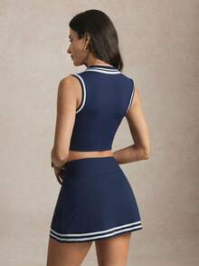 Activina Women's Contrast Trim Cropped Tank Top And Mini Skirt Sports Set - Blue - View 2