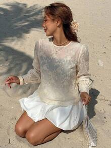 FRIFUL Women's Round Neck Puff Sleeve Loose Wavy Hem Asymmetrical Hem Lace Sheer Blouse, Suitable For Summer Vacation - Beige - View 14