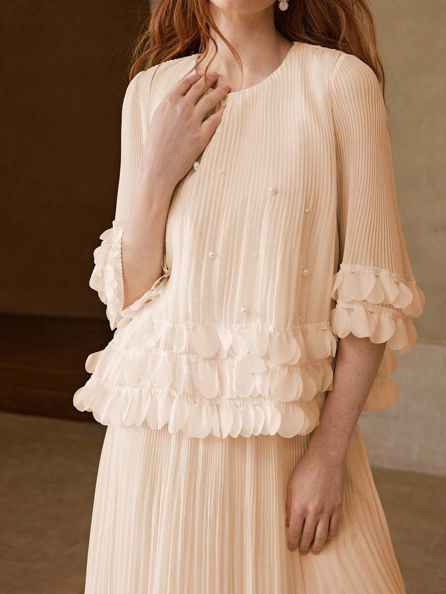 MOTF PREMIUM WOMEN'S ROMANTIC DATE LONG SLEEVE LACE TRIM APRICOT ROUND NECK BLOUSE, SPRING/SUMMER - Pink - View 2