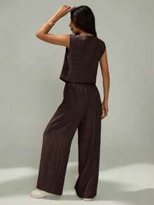 SHEIN PETITE Women's Summer Casual Solid Color Vest & Pants 2 Pieces Set - Coffee Brown - View 2