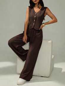 SHEIN PETITE Women's Summer Casual Solid Color Vest & Pants 2 Pieces Set - Coffee Brown - View 3