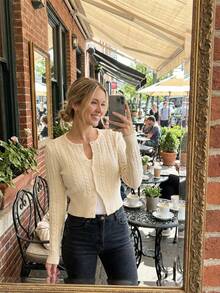 DAZY Women's Fitted Waist Cable Knit Cropped Cardigan - Apricot - View 2