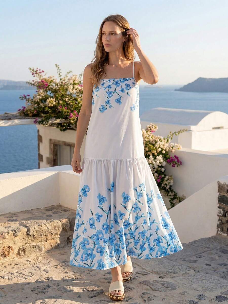 CielaLinda Vestido largo de tirantes con estampado floral de colocación para mujer - Azul y blanco - Ver 1
