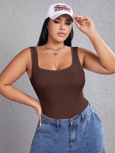 SHEIN EZwear Plus Size Sleeveless Solid Color Bodysuit, Summer