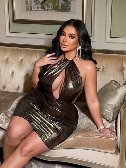 NU&NOW Plus Size Women Metal Hollow Design Sexy Halter Neck Dress