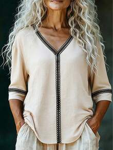 Franclia 女士休闲V领T恤，饰有缎带，宽松版型，杏色 - 杏色 - 查看 1