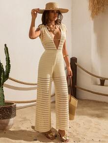 Backless Knit Jumpsuit With Wide Legs - Cream - View 3