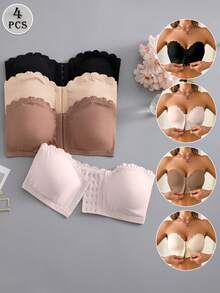 SHEIN Set de 4 sujetadores de mujer con cierre delantero, con volantes y acolchados, de estilo push-up y de colores variados - Multicolor - Ver 2