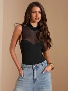 SHEIN BAE Áo liền thân không tay cổ cao màu đen xuyên thấu, áo liền thân màu đen thanh lịch, đồ bơi - màu đen - Xem 4