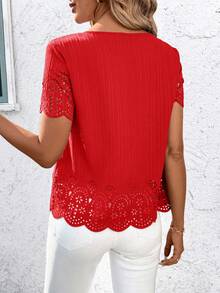 SHEIN Clasi Women's Short Sleeve Burnout Shirt, Spring/Summer,Red Top - Red - View 2