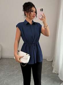 Elenzga Women's Solid Color Casual Vacation Style Shirt Collar Button Down Waist Drawstring A-Line Dropped Shoulder Blouse Top - Navy Blue - View 7