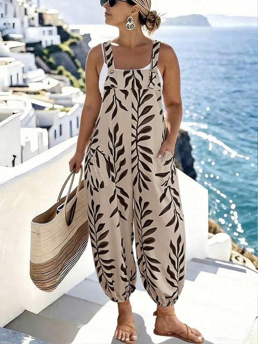 SHEIN Clasi Plus Size Women Spring/Summer Fashion Adjustable Waist Printed Jumpsuit - Apricot - View 1