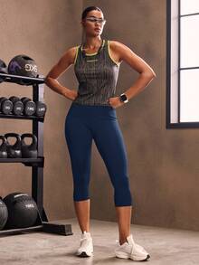 Powerista Solid Color High Waist Fitted Pocket Leggings - Navy Blue - View 8