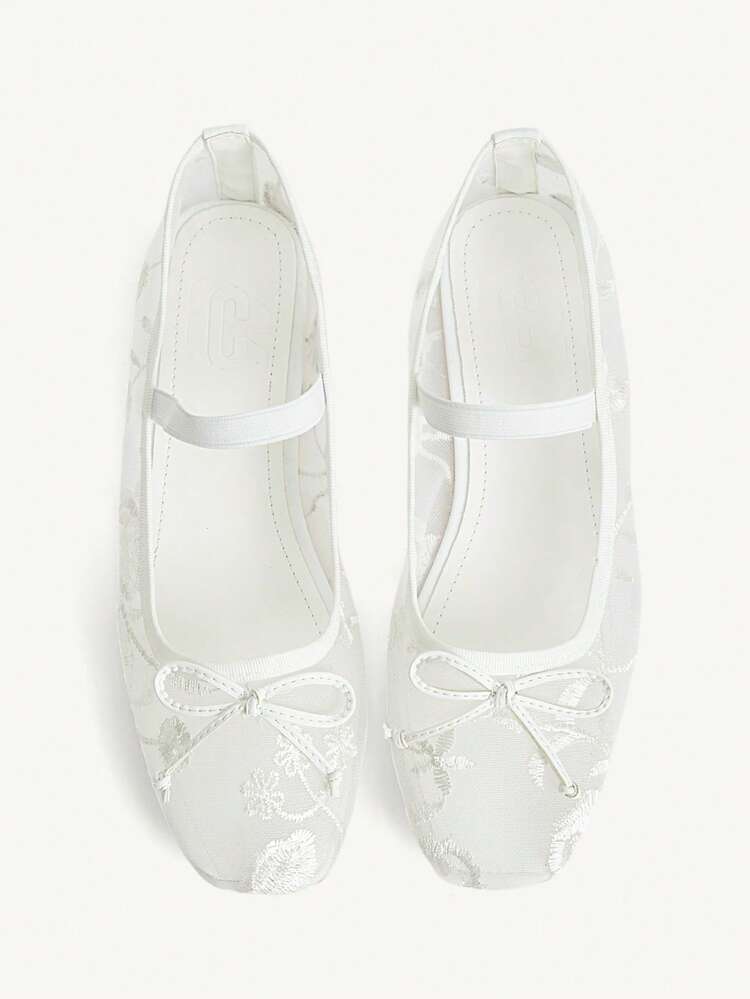 CUCCOO CHICEST Women Shoes Fashion White Lace Flower Mesh Embroidered Bow Mary Jane Breathable Flat Shoes Cute Sweet Elegant Women Flat Shoes Women's Shoes