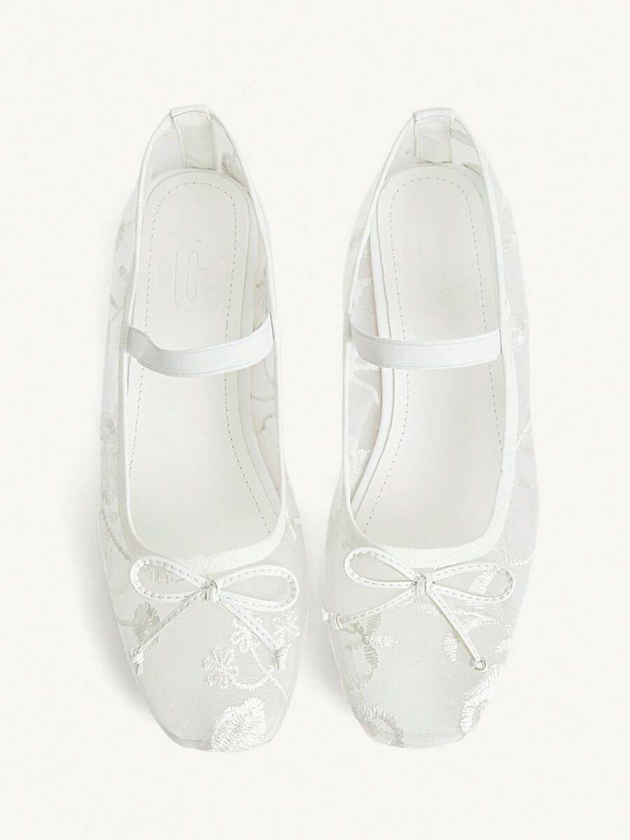 CUCCOO CHICEST 女鞋 时尚白色蕾丝花朵网纱刺绣蝴蝶结玛丽珍透气平底鞋 可爱甜美优雅女士平底鞋 女鞋 - 白色1 - 查看 1