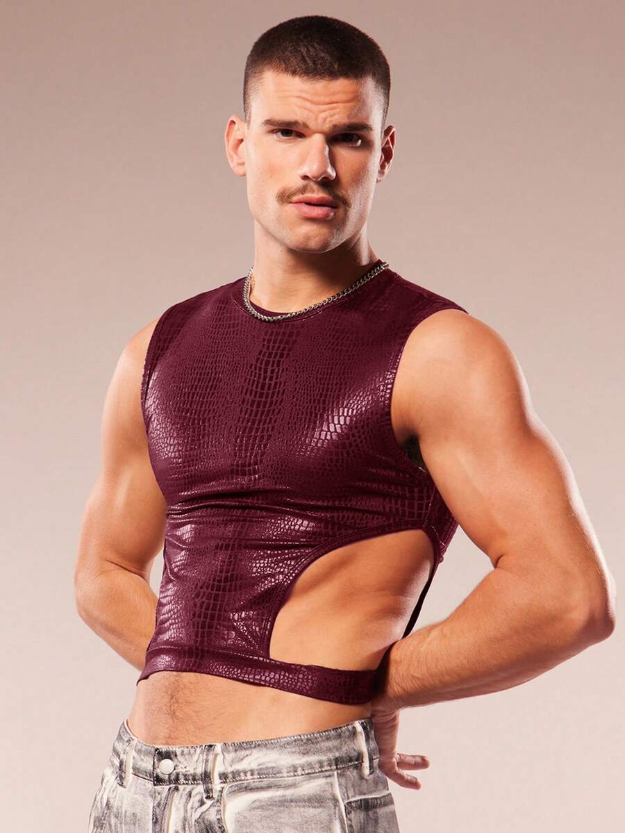 FeverCity Men's Casual Hollow Out Round Neck Versatile Daily Wear Top - Burgundy - View 1