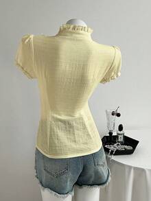 Elamini 女士白色V领荷叶边修身花瓣袖衬衫 - 淡黃色 - 查看 2