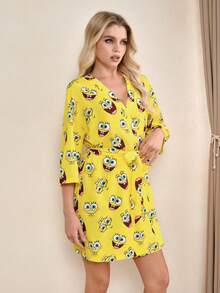 SpongeBob SquarePants | SHEIN Women's 3/4 Sleeve Knotted Waist Loose Sleepwear Robe, - Yellow - View 4