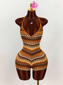 Amplova Spaghetti Strap Triangle Cup Textured Bohemian Style Backless Criss-Cross Strap Bodycon Romper - Orange - View 2