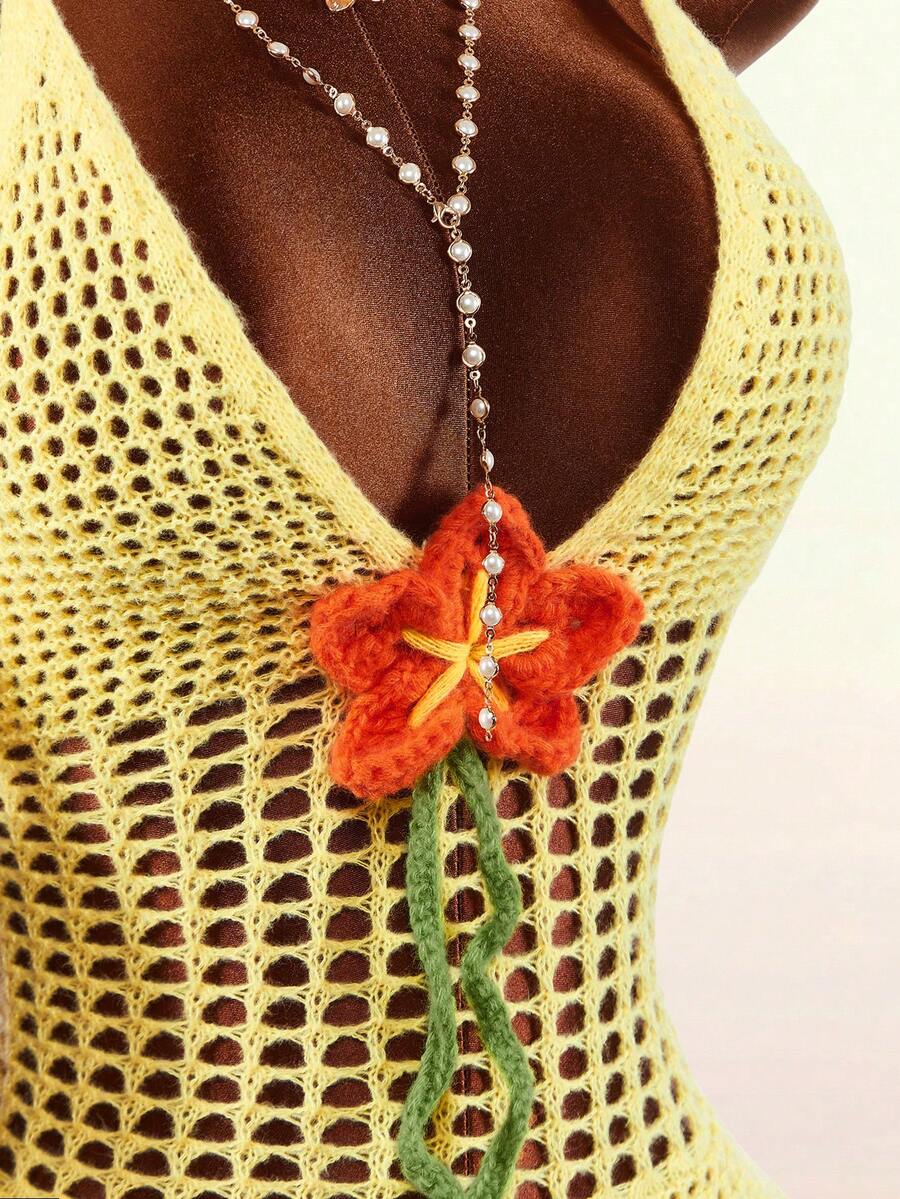 Amplova Y2K Deep V-Neck Bodycon Halter Backless Criss-Cross Contrast Floral Sexy Bodycon Mini Dress Crochet Clothes Orange Knitted Flower ቁምጣ Fl Fashion Hippie Zipper Y2k Casual Vacation Elegant Summer Spring Outfit Women Valentine's Day Beach Outfit Party Wedding Birthday Outfit For Women Going Out Tops For Women