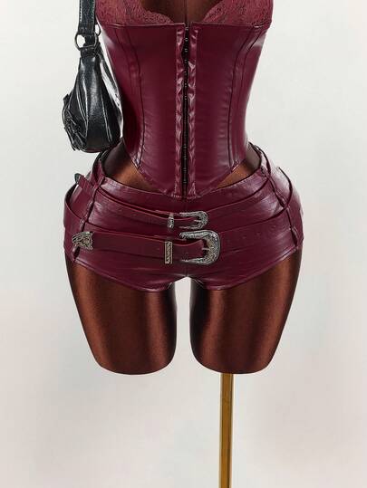 Amplova 音乐节装饰蛇纹印花迷你短裤（女款），酒红色