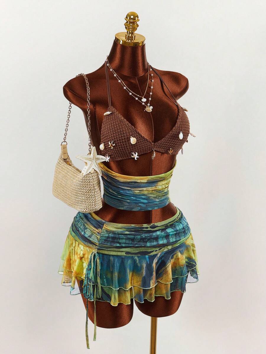 Amplova 2pcs/Set Halter Neck Crop Top & Low Waist Ruffle Hem Mini Skirt, Sexy Avant-Garde Boho Style Backless Details, Suitable For Holiday