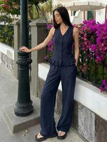 DAZY Spring & Summer Fitted Ruffle Trim Sleeveless Vest Cardigan Top And Straight Leg Casual Pants Set, Elegant For Commuting, Romantic, Beach, Holiday - Navy Blue - View 6