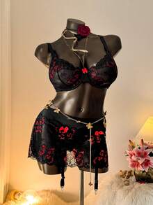 Auralis 3pcs/Set Plus Size Lace Sexy Underwire Lingerie Set, Valentine's Day - Multicolor - View 5